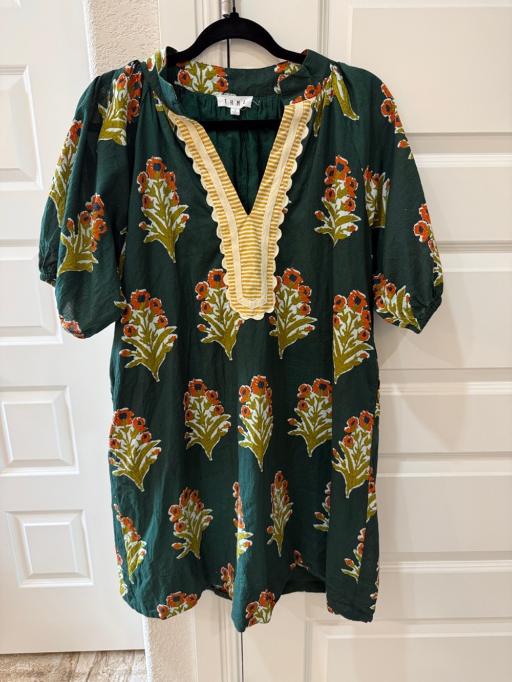 THML Deep Green Floral Tunic / Dress with Yellow Stripe Trim